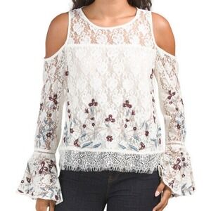 Boho Lace Embroidered Top Cold Shoulder Bell Sleeve Cottagecore Fairy Blouse S